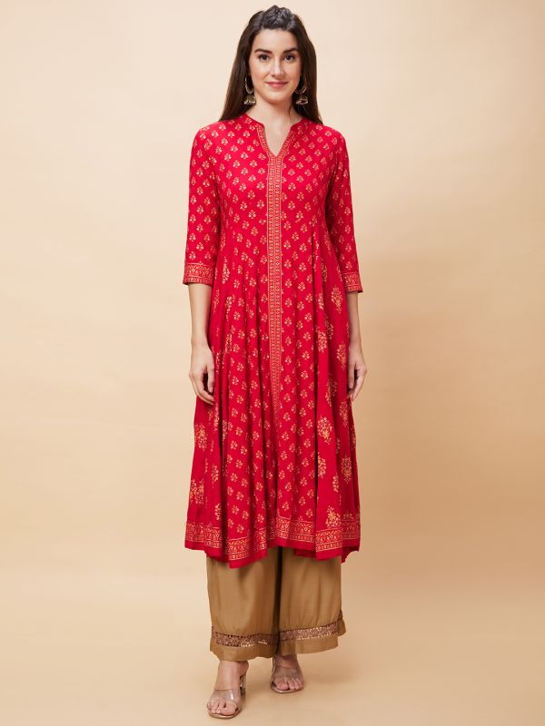 Globus Women Red Ethnic Motifs Print Mandarin Collar Festive Panelled Anarkali Kurta