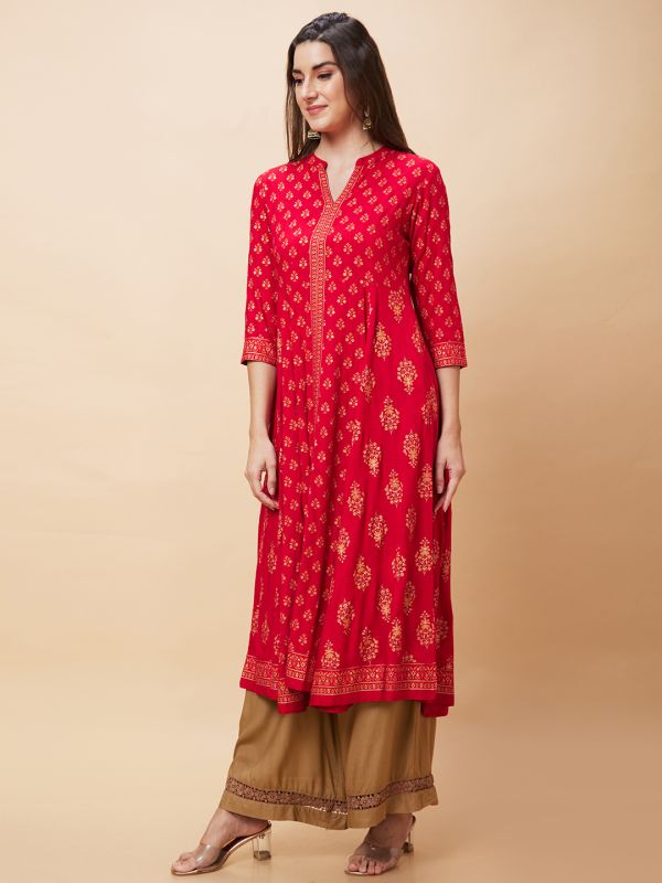 Globus Women Red Ethnic Motifs Print Mandarin Collar Festive Panelled Anarkali Kurta