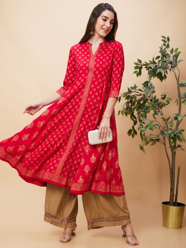 Globus Women Red Ethnic Motifs Print Mandarin Collar Festive Panelled Anarkali Kurta