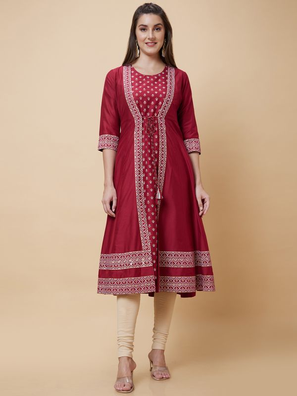 Globus Women Maroon Ethnic Motifs Print Festive Anarkali Kurta with Layered Shrug