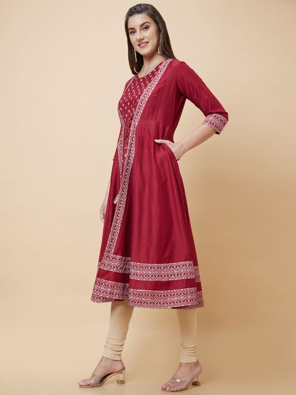 Globus Women Maroon Ethnic Motifs Print Festive Anarkali Kurta with Layered Shrug