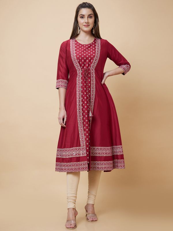 Globus Women Maroon Ethnic Motifs Print Festive Anarkali Kurta with Layered Shrug