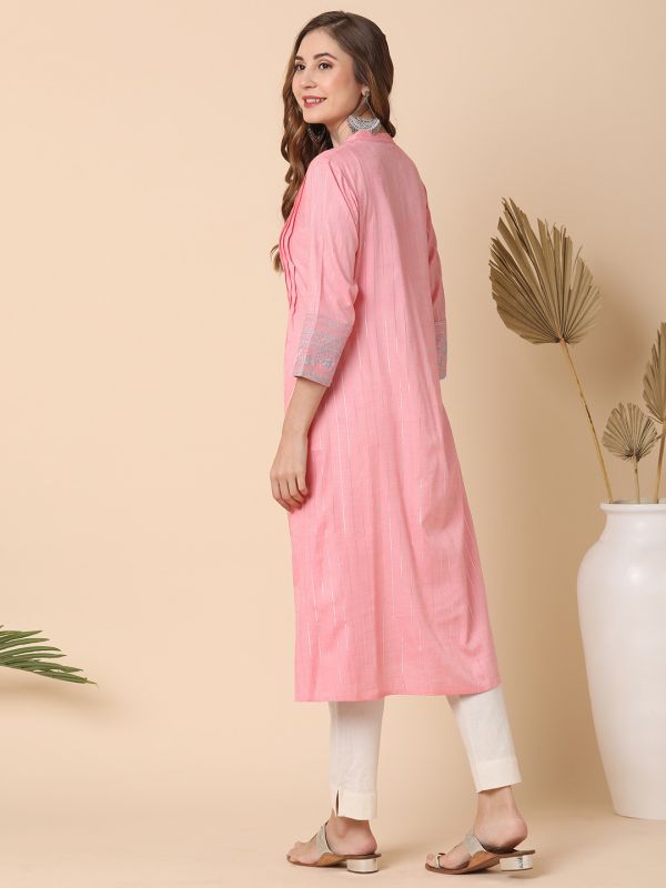 Globus Women Peach Mandarin Collar Embroidered Sleeve Button-Down Pleated A-Line Kurta