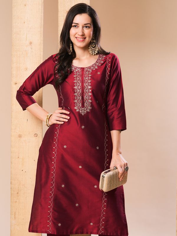 Globus Women Red Allover Embroidered Straight Kurta With Pants