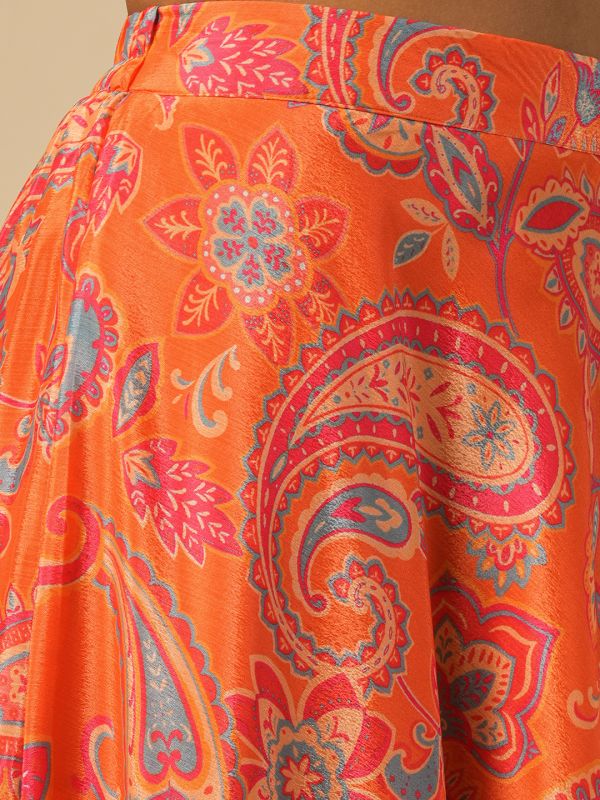 Globus Women Orange Sleeveless Floral Paisley Printed Blouse With Lehenga & Embroidered Choker Dupatta Fusion Co-Ord Set