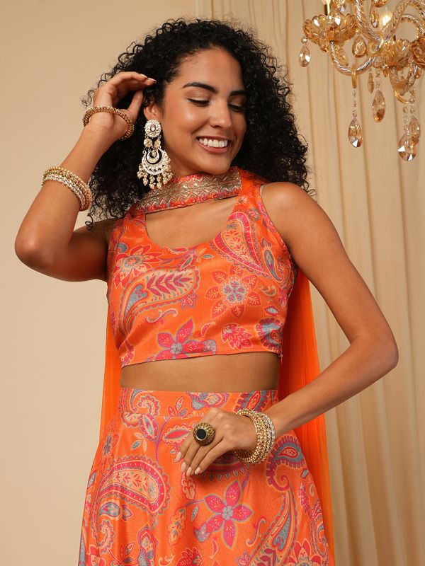 Globus Women Orange Sleeveless Floral Paisley Printed Blouse With Lehenga & Embroidered Choker Dupatta Fusion Co-Ord Set