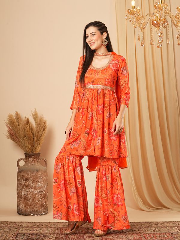 Globus Women Orange Allover Floral Printed Sequinned Yoke Front Slit Tunic With Gharara & Chocker Dupatta Festive Co-Ord Set