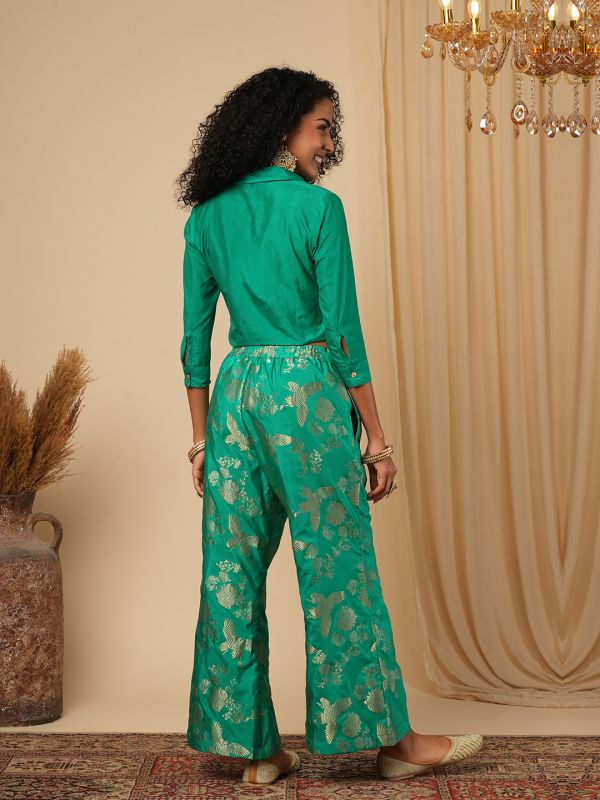 Globus Women Green Cuffed Sleeves Solid Tie-Up Detail Crop Shirt With Brocade Floral Woven Design Flared Pants Fusion Co-Ord Set