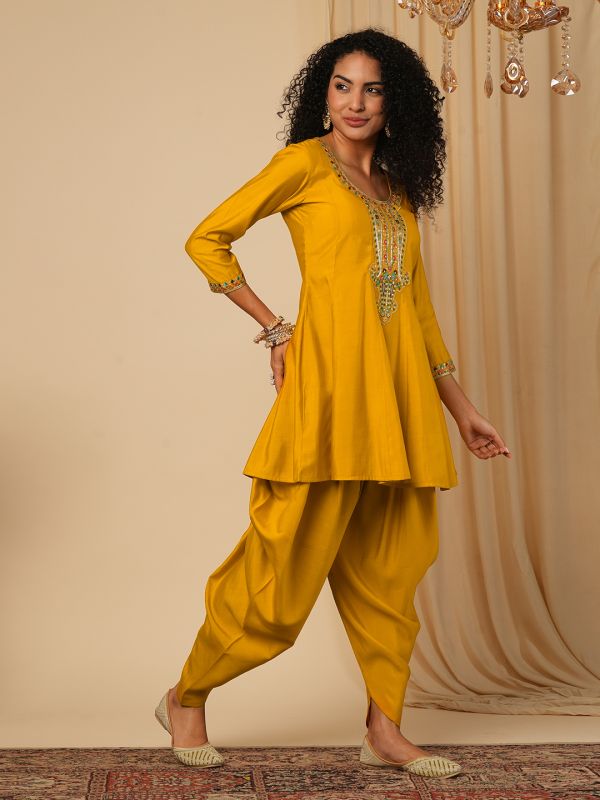 Globus Women Yellow Floral Sequinned & Embroidered Yoke A-Line Peplum Top With Dhoti Pants Fusion Co-Ord Set