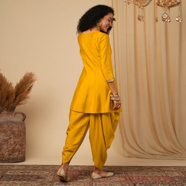 Globus Women Yellow Floral Sequinned & Embroidered Yoke A-Line Peplum Top With Dhoti Pants Fusion Co-Ord Set