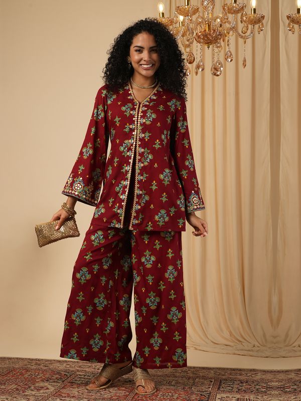 Globus Women Maroon Embroidery Detail Mirror Work Ethnic Motifs Bell Sleeves Front Slit Top With Pants Fusion Co-Ord Set