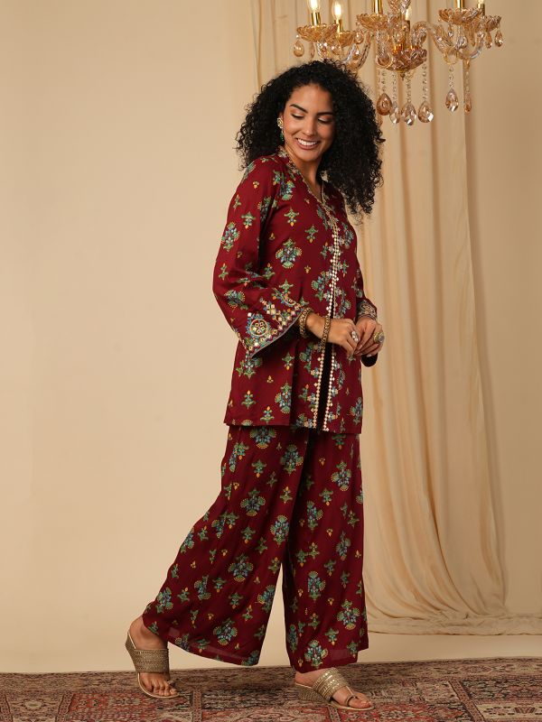 Globus Women Maroon Embroidery Detail Mirror Work Ethnic Motifs Bell Sleeves Front Slit Top With Pants Fusion Co-Ord Set