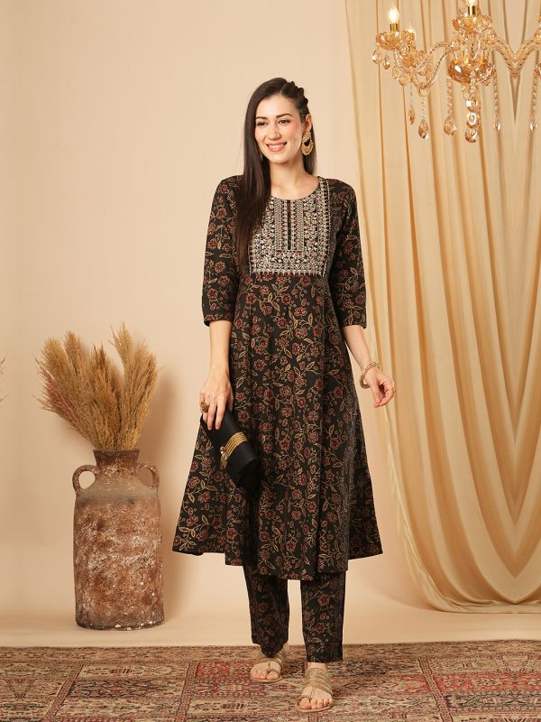 Globus Women Black Sequinned Embroidered Yoke Allover Floral Print Panelled Anarkali Kurta With Narrow Pants Festive Set