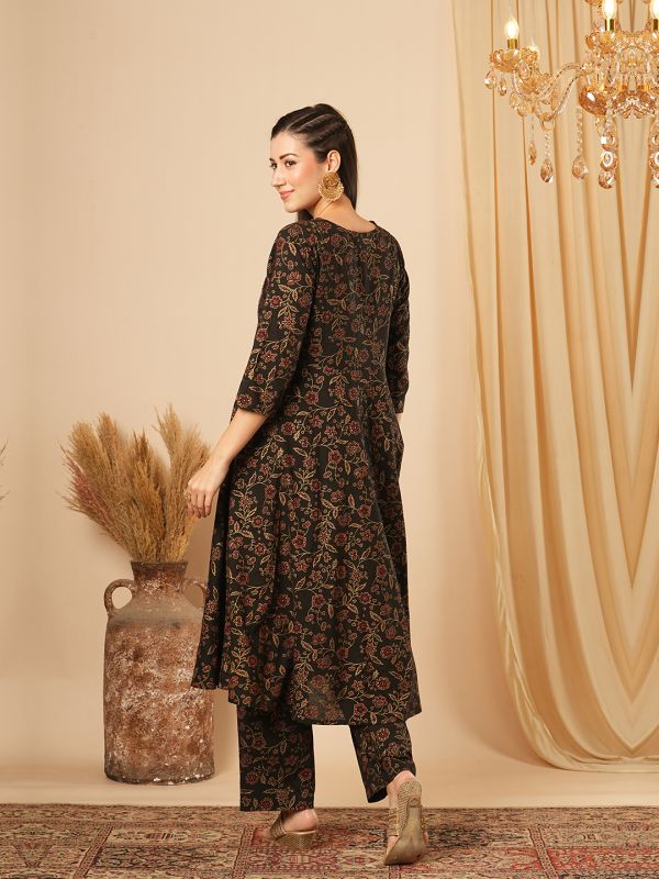 Globus Women Black Sequinned Embroidered Yoke Allover Floral Print Panelled Anarkali Kurta With Narrow Pants Festive Set