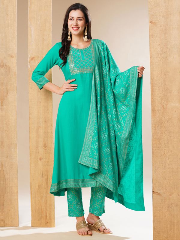 Globus Women Green Embroidered Yoke A-Line Festive Kurta With Dupatta & Pant Set