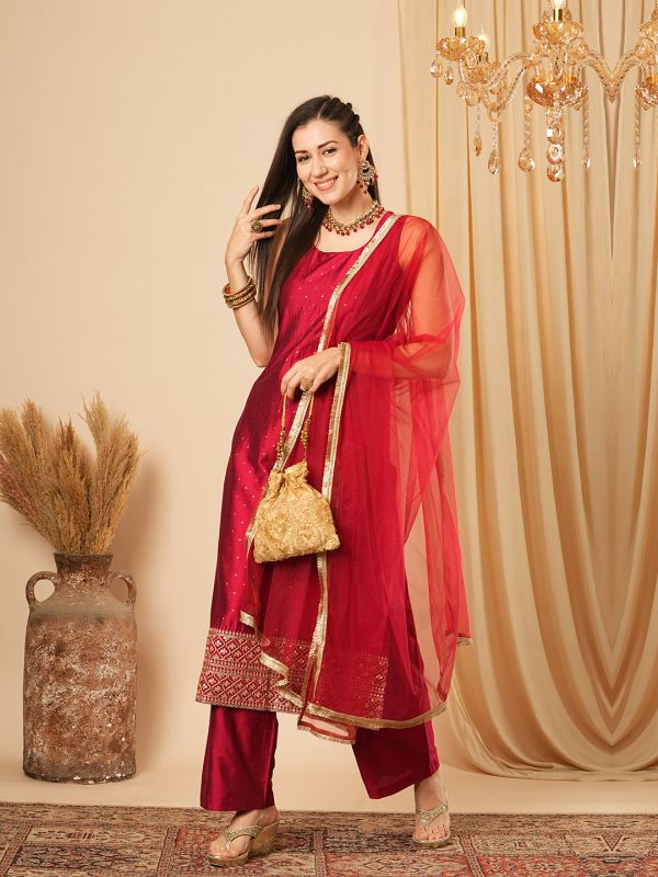 Globus Women Red Gold Foil Polka Dots Sequinned Border Straight Kurta, Elasticated Pants & Fringe Dupatta Festive Set