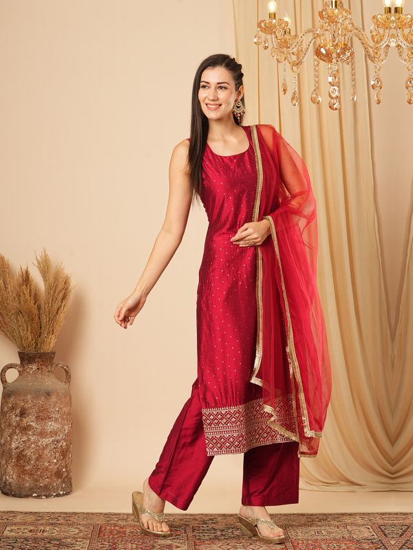 Globus Women Red Gold Foil Polka Dots Sequinned Border Straight Kurta, Elasticated Pants & Fringe Dupatta Festive Set