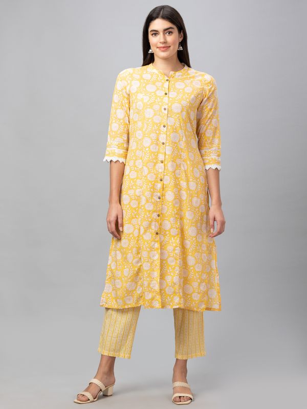 Globus Women Yellow Mandarin Collar Printed Kurta Set with Trouser