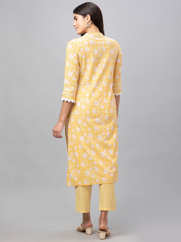 Globus Women Yellow Mandarin Collar Printed Kurta Set with Trouser