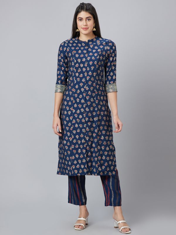 Globus Women Blue Printed Straight Kurta Set with Trouser