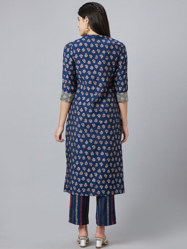 Globus Women Blue Printed Straight Kurta Set with Trouser