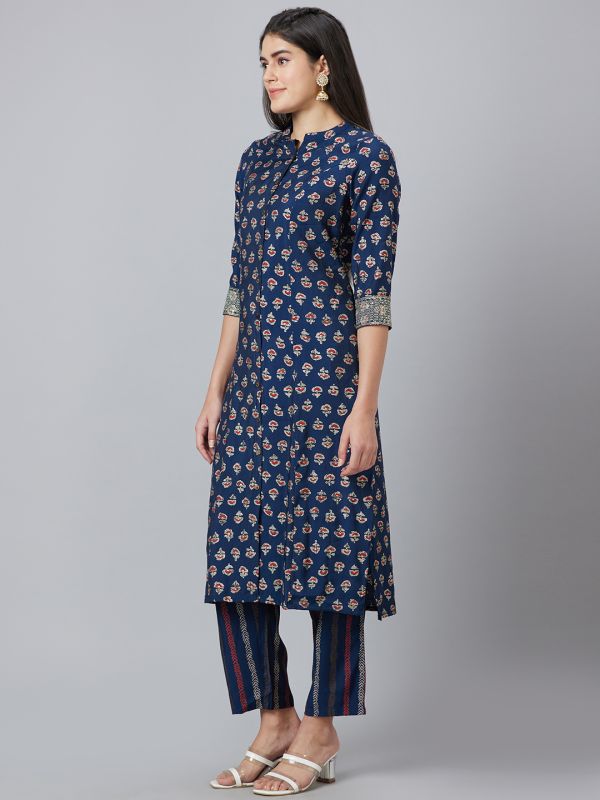 Globus Women Blue Printed Straight Kurta Set with Trouser