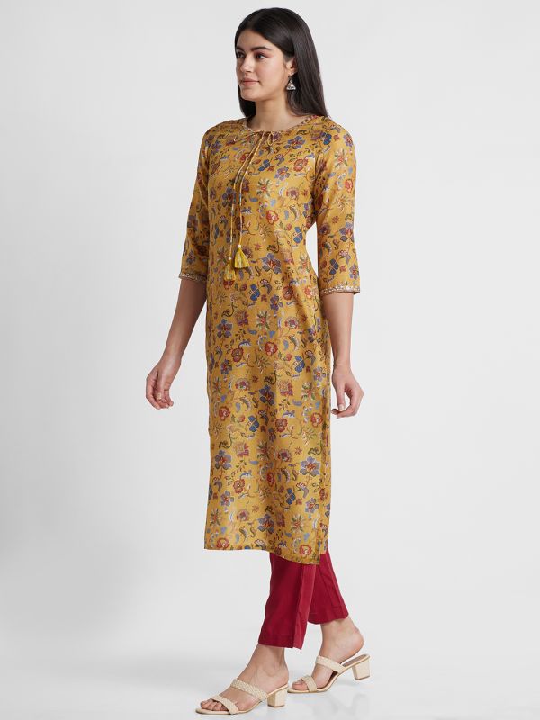 Globus Women Mustard Printed Tie-Up Neck Straight Kurta