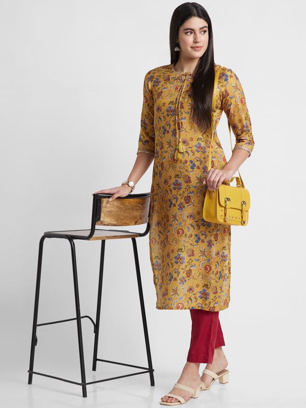 Globus Women Mustard Printed Tie-Up Neck Straight Kurta