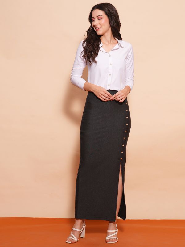 Globus Women Gun Metal Mid-Rise Side Slit Button Detailing Maxi Pencil Skirt