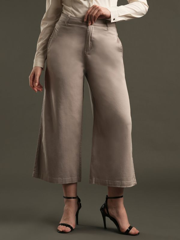 Globus Women Clay Satin Stretchable Mid-Rise Relaxed Fit Flat Front Cropped Wide Leg Formal Trousers