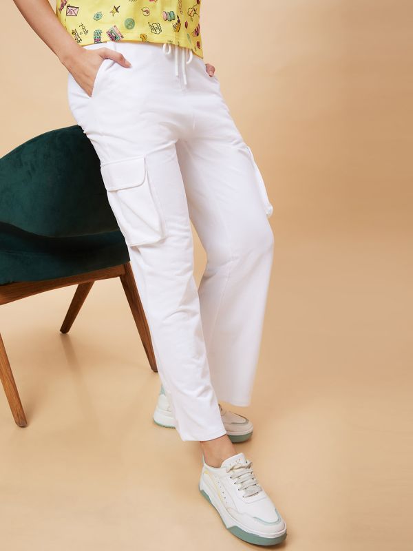 Globus Women White Solid High-Rise Straight Leg Cargo Track Pant