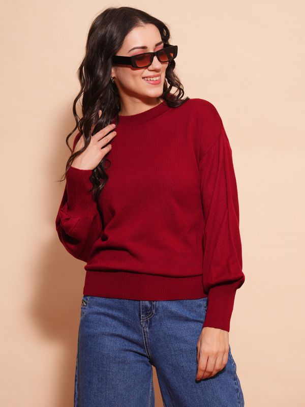 Globus Women Maroon Cotton Bishop Sleeves Ribbed Hem Flat Knitted Pullover Sweater 