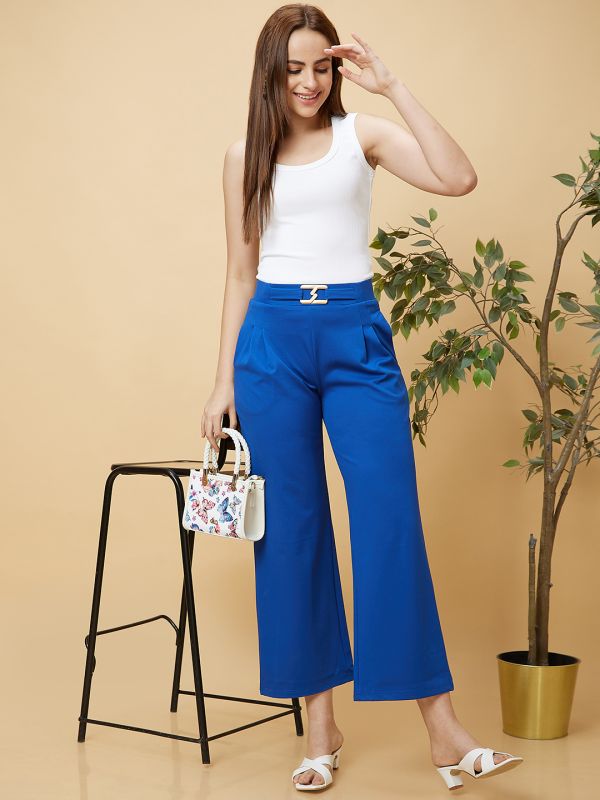 Globus Women Blue Solid High-Rise Loose Fit Pleated Slip-On Trouser