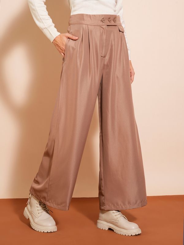 Globus Women Khaki Solid High-Rise Pleated Wide-Leg Workwear Trousers