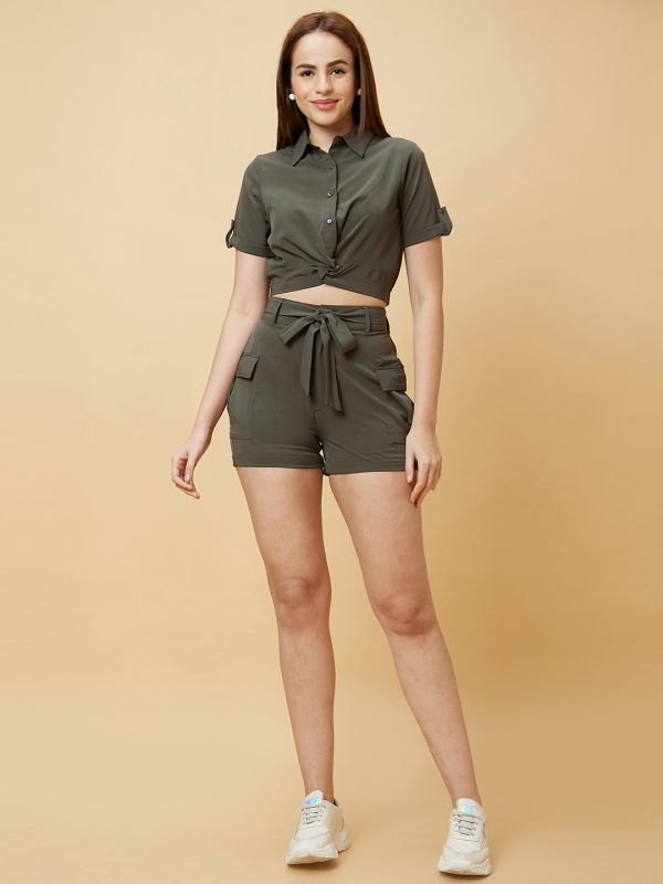 Globus Women Olive Solid Casual Co-Ord Set with Twisted Shirt Style Top and Cargo Shorts