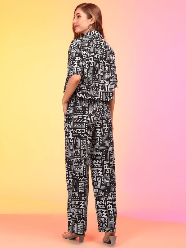 Globus Women Black Abstract Print Boxy Shirt and Trouser Co-Ord Set