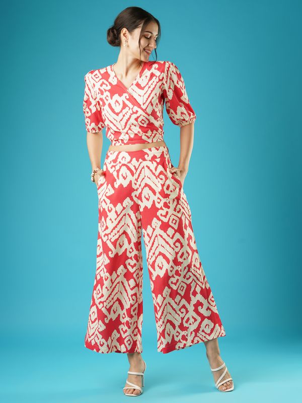 Globus Women Red Abstract Print Wrap Tie-Back Top & Palazzos Fusion Co-Ord Set