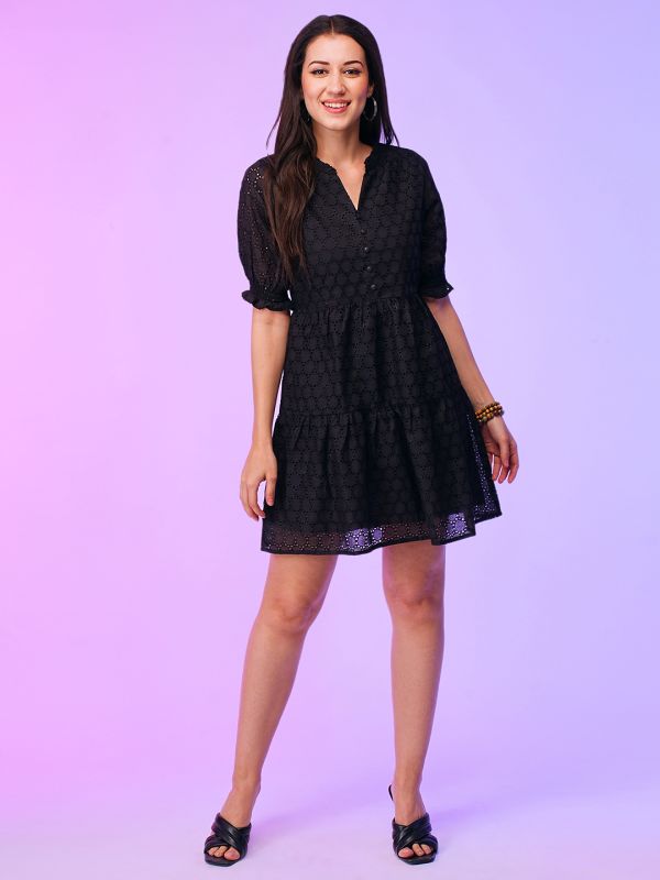 Cotton Black Schiffli Self Design Puff Sleeves Gathered Tiered Cotton Fit & Flare Dress