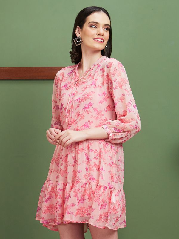 Globus Women Pink Floral Print Polyester Mandarin Collar A-Line Casual Dress