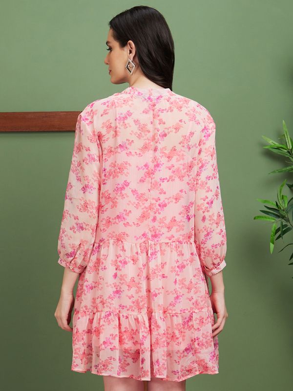 Globus Women Pink Floral Print Polyester Mandarin Collar A-Line Casual Dress