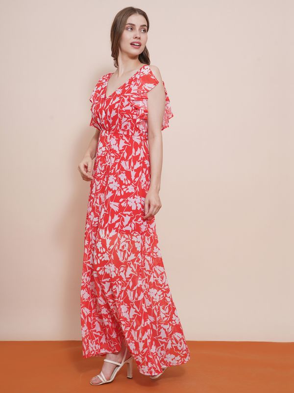 Globus Women Red Wrap Neck Strappy Flutter Sleeves Floral Printed Front Slit Fit & Flare Maxi Dress