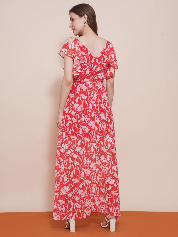 Globus Women Red Wrap Neck Strappy Flutter Sleeves Floral Printed Front Slit Fit & Flare Maxi Dress