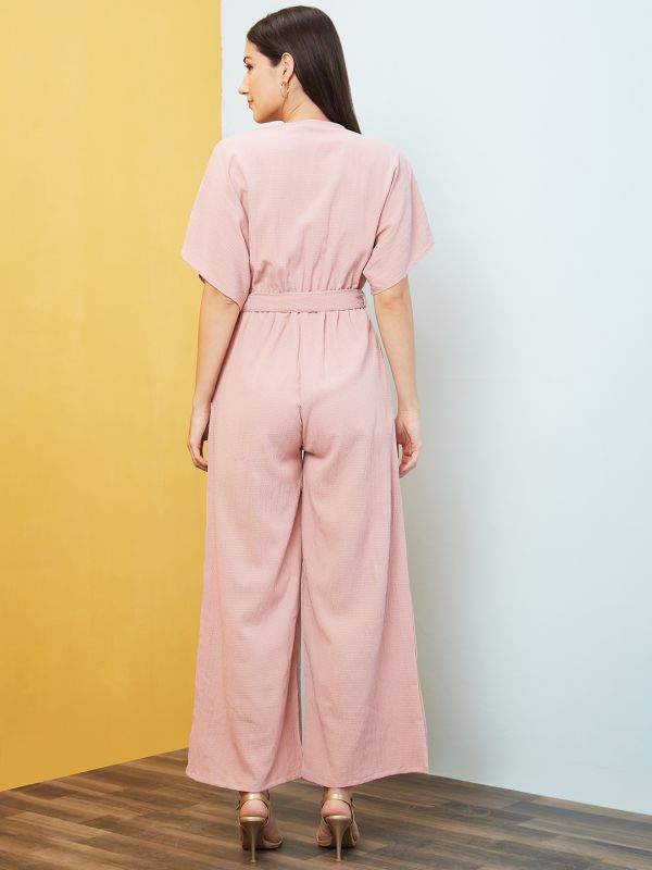 Globus Women Pink Round Neck With V Cut Kimono Sleeves Waist Tie-Up Longline Jumpsuit