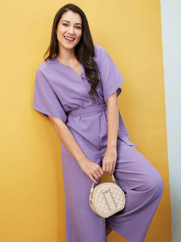 Globus Women Lavender Round Neck With V Cut & Kimono Sleeves Waist Tie-Up Longline Jumpsuit