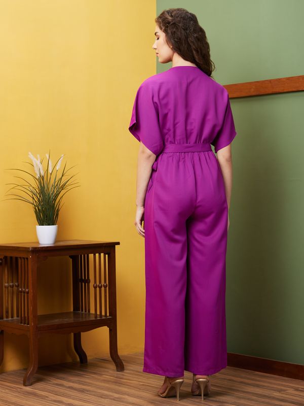 Globus Women Purple Round Neck With V Cut & Kimono Sleeves Waist Tie-Up Longline Jumpsuit