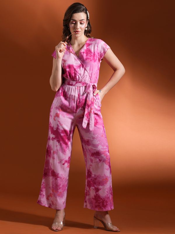 Globus Women Pink Tie- Dye Print Wrap Neck Waist Tie-Up Flared Hem Work Wear Jumpsuit