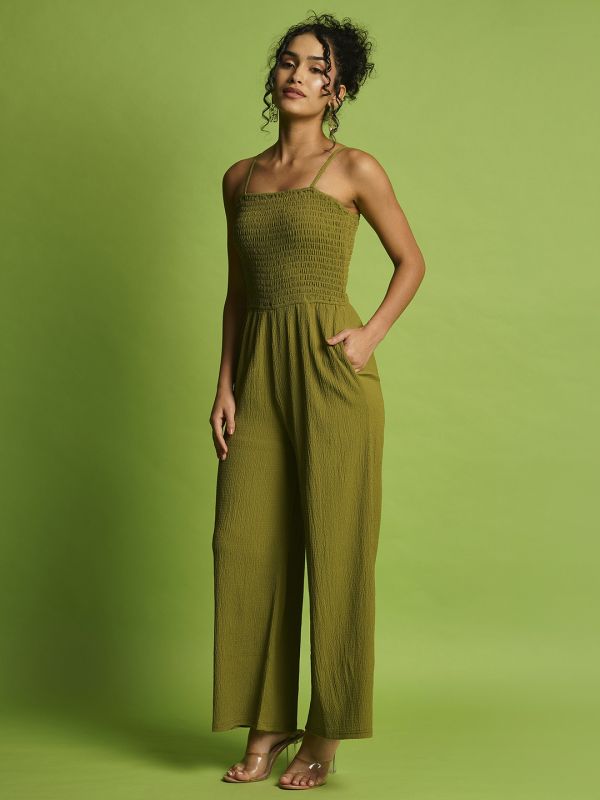 Globus Women Green Self Design Square Neck Strappy Shoulder Smocked Long Jumpsuit