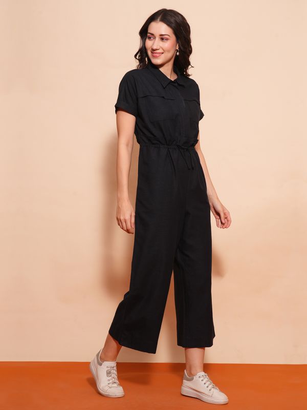 Globus Women Black Shirt Collar Waist Tie-Ups Cargo Style Wide Leg Casual Jumpsuit