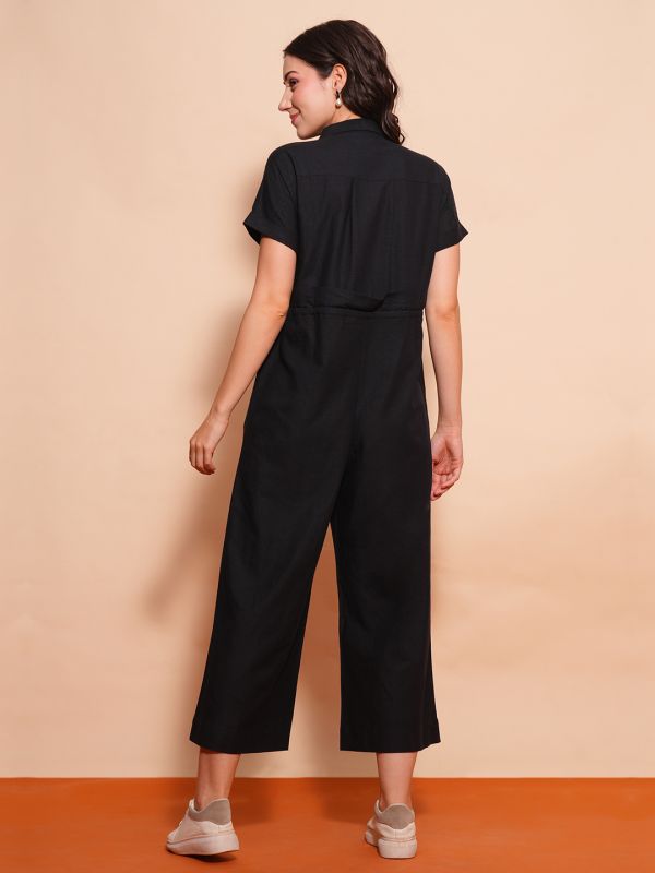 Globus Women Black Shirt Collar Waist Tie-Ups Cargo Style Wide Leg Casual Jumpsuit