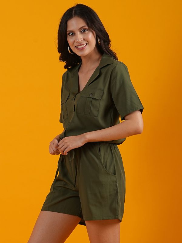 Globus Women Olive Notched Lapel Waist Tie-Ups Front Pockets Utility Playsuit